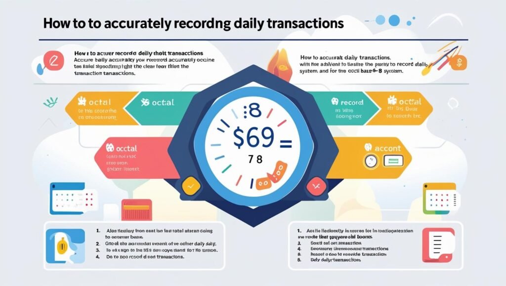 Colorful infographic showing steps and elements related to accurately recording daily transactions, with icons, clocks, and financial symbols.