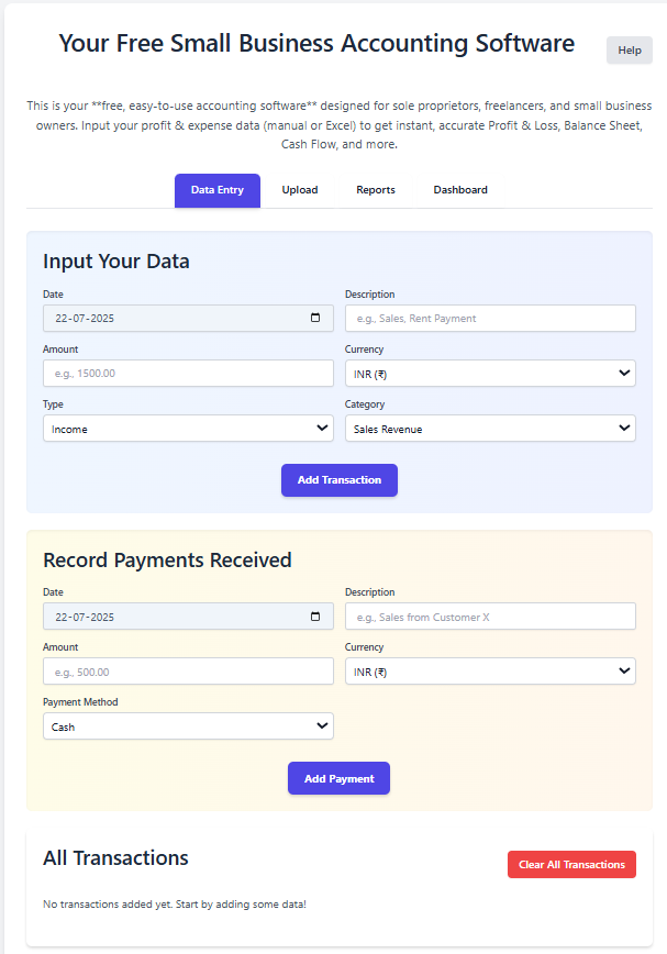 Welcome to Octotally: Your First Steps to Stress-Free Accounting Software for Small Business. The dashboard shows input forms for transactions and payments, with no transactions yet recorded.