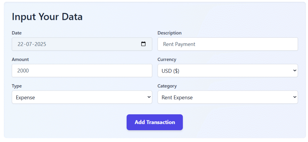 Welcome to Octotally: Your First Steps to Stress-Free Accounting Software for Small Business. Octotally input form showing fields for date, amount, description, currency, type, and category with a purple "Add Transaction" button.