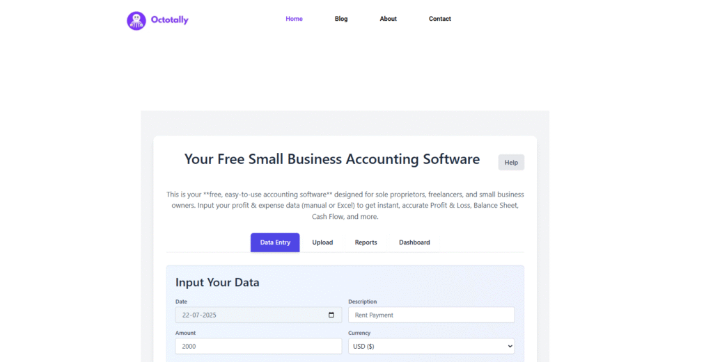 Free Accounting Software for Small Business. Octotally free small business accounting software dashboard interface with data entry fields and navigation tabs.