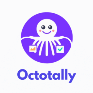 Logo of OctoTally, a free small business accounting software, featuring a smiling octopus mascot holding business icons on a purple circle background with the word "Octotally" below.