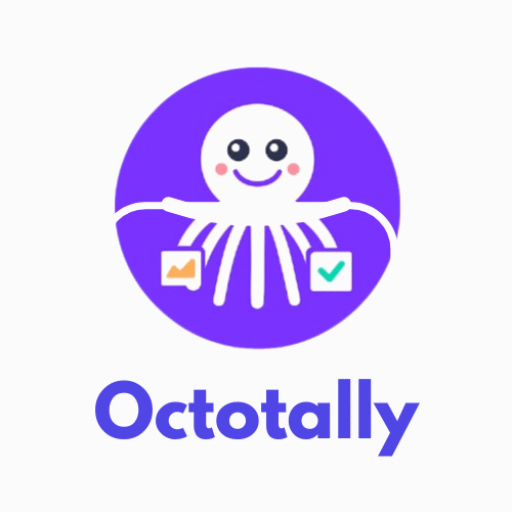 Logo of OctoTally showing a smiling octopus mascot holding business icons on a purple circle background with the word "Octotally" below.