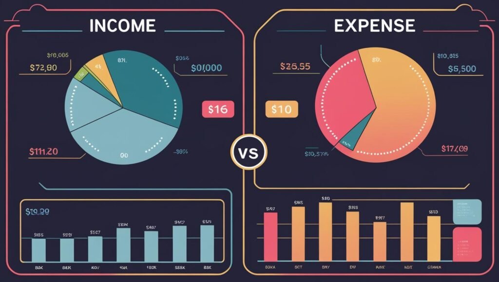 Income vs expense infographic showing pie and bar charts for freelancers and solopreneurs, highlighting earnings, spending, and monthly financial comparison.