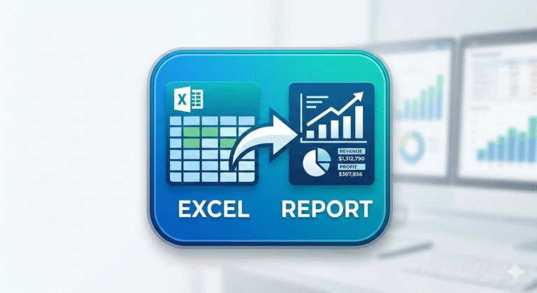 A professional blue icon showing a digital transformation process where an Excel spreadsheet grid is converted via a curved arrow into a modern financial dashboard featuring bar charts, pie graphs, and revenue figures.